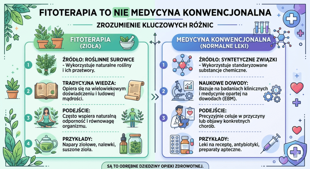Infografika pokazująca, że fitoterapia to nie medycyna konwencjonalna