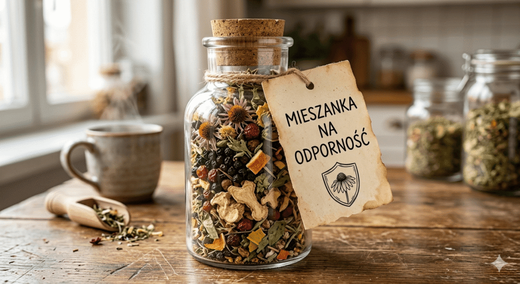 Na stole stoją zioła na odporność zamknięte w szklanej butelce z korkiem. Przygotowane zostały przez lekarza Olszewskiego.